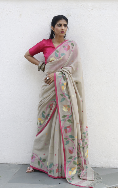 Buy Beige Floral Soft Cotton Jamdani Saree : Floral Needle Jamdani Handmade Saree