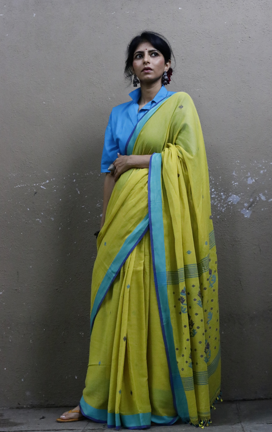 Buy Green Soft Cotton Jamdani Saree : Green Blue Needle Jamdani Handmade Saree