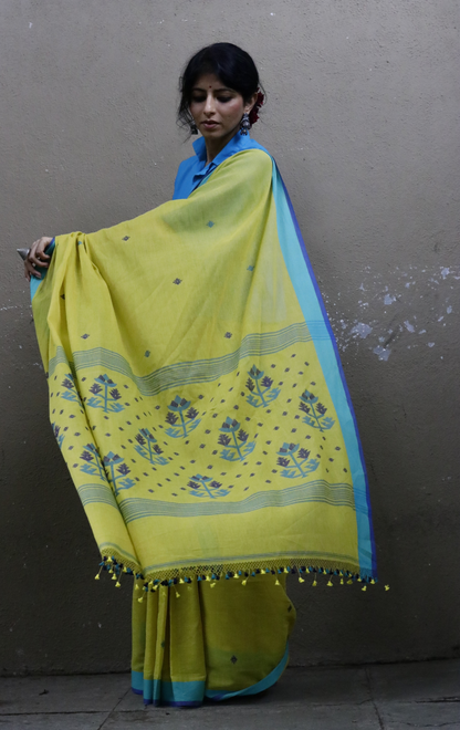 Buy Green Soft Cotton Jamdani Saree : Green Blue Needle Jamdani Handmade Saree