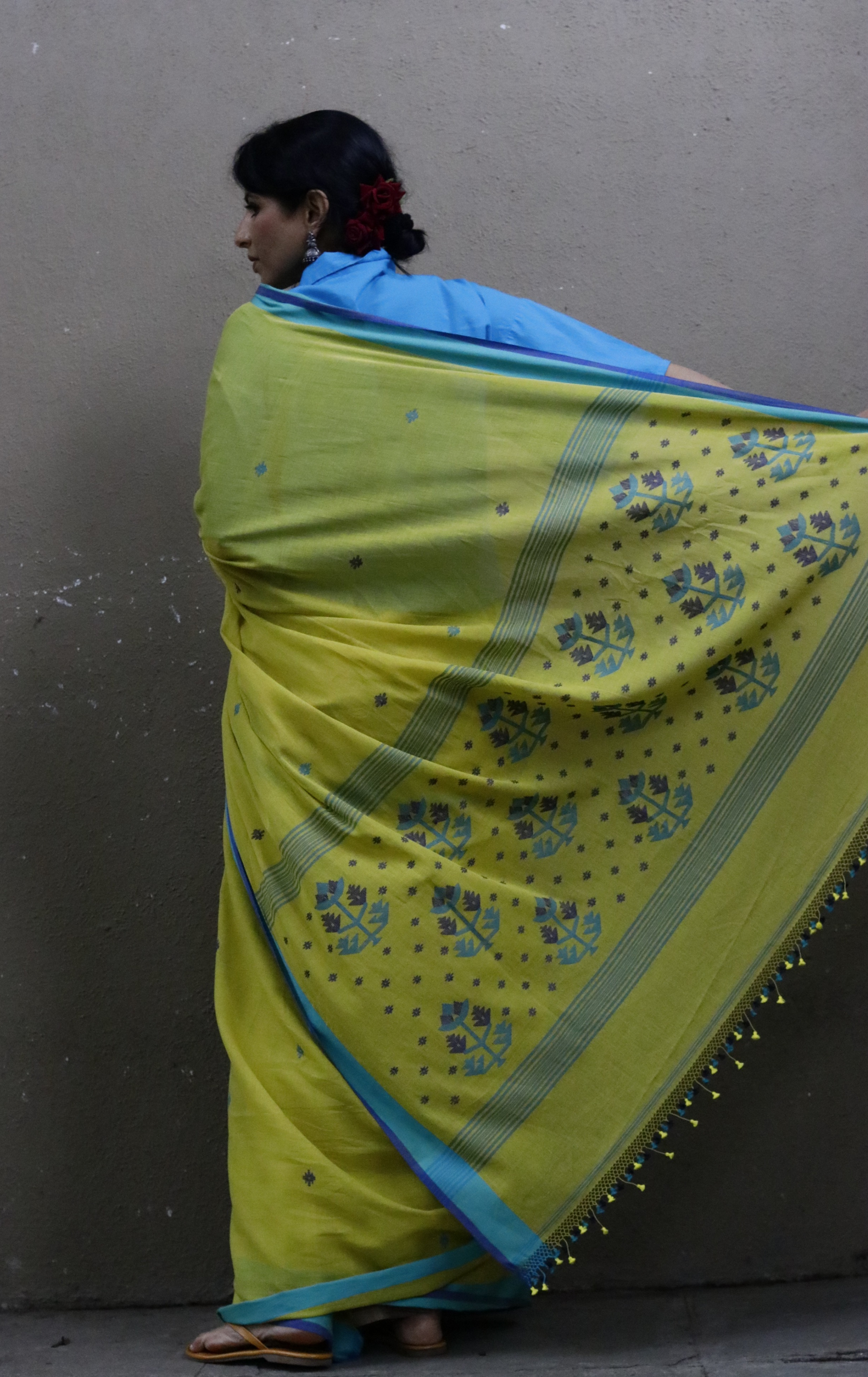 Buy Green Soft Cotton Jamdani Saree : Green Blue Needle Jamdani Handmade Saree