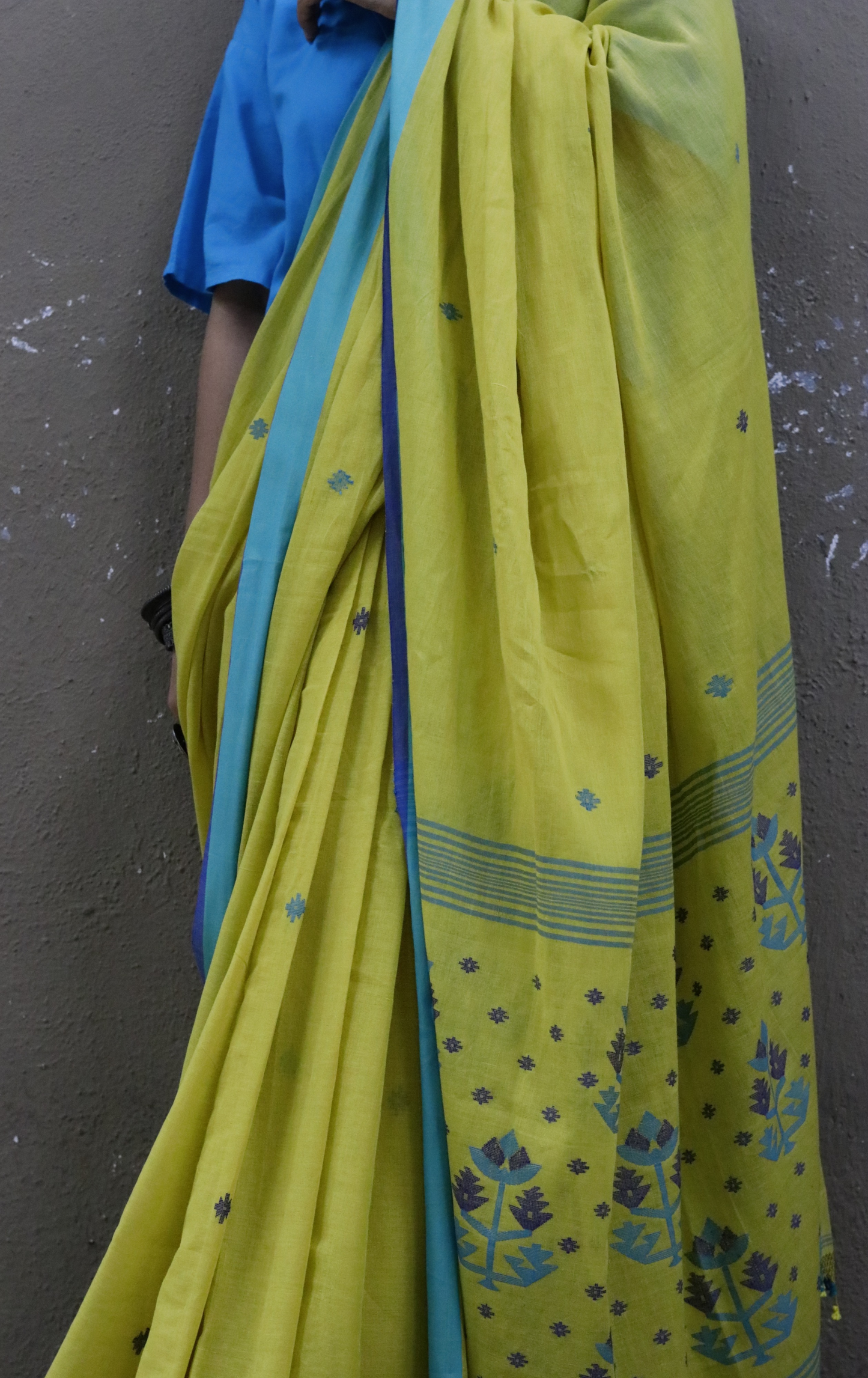 Buy Green Soft Cotton Jamdani Saree : Green Blue Needle Jamdani Handmade Saree