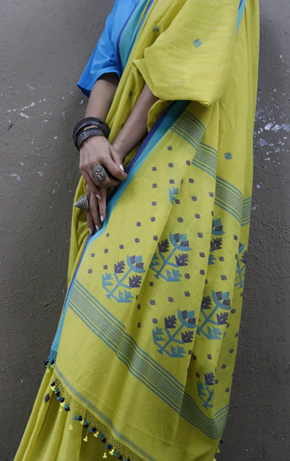 Buy Green Soft Cotton Jamdani Saree : Green Blue Needle Jamdani Handmade Saree