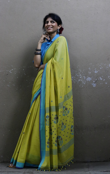 Buy Green Soft Cotton Jamdani Saree : Green Blue Needle Jamdani Handmade Saree