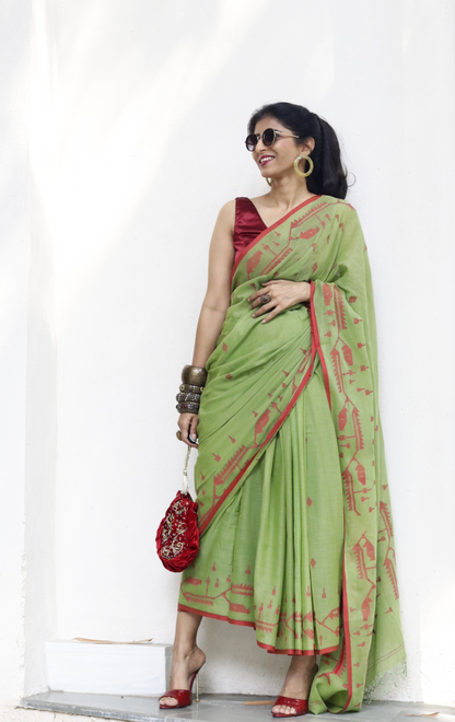 Buy Henna Green Soft Cotton Jamdani Saree : Green Red Needle Jamdani Handmade Saree