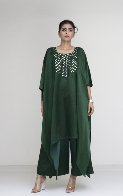 Mashru Mirror Work Co-ord Set in Green 'Bela Baahar' : Buy Palazzo Kaftan Kurta Festive Co-ord Set