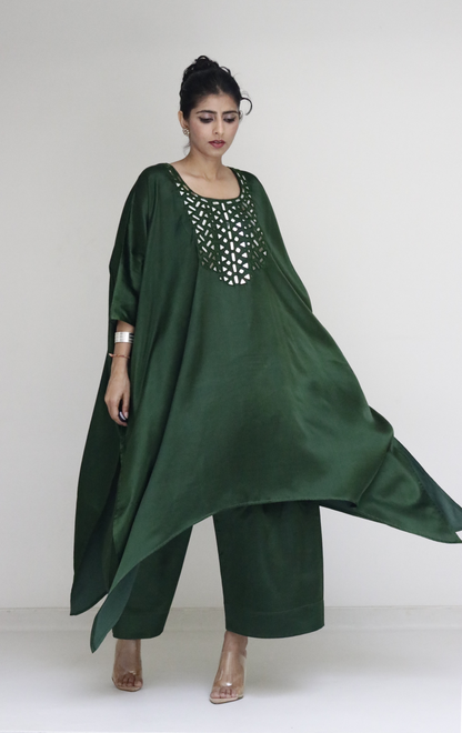 Mashru Mirror Work Co-ord Set in Green 'Bela Baahar' : Buy Palazzo Kaftan Kurta Festive Co-ord Set