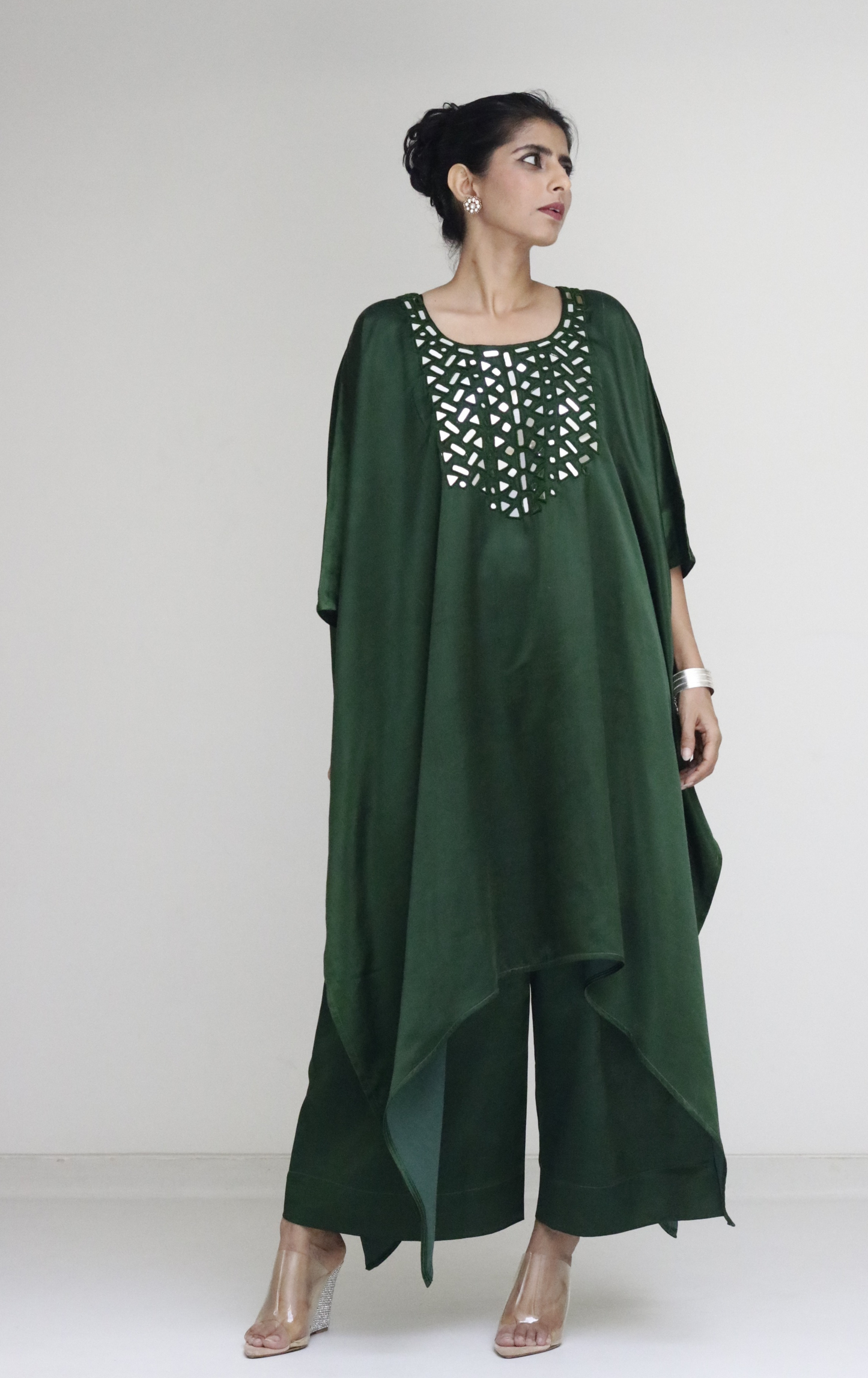 Mashru Mirror Work Co-ord Set in Green 'Bela Baahar' : Buy Palazzo Kaftan Kurta Festive Co-ord Set