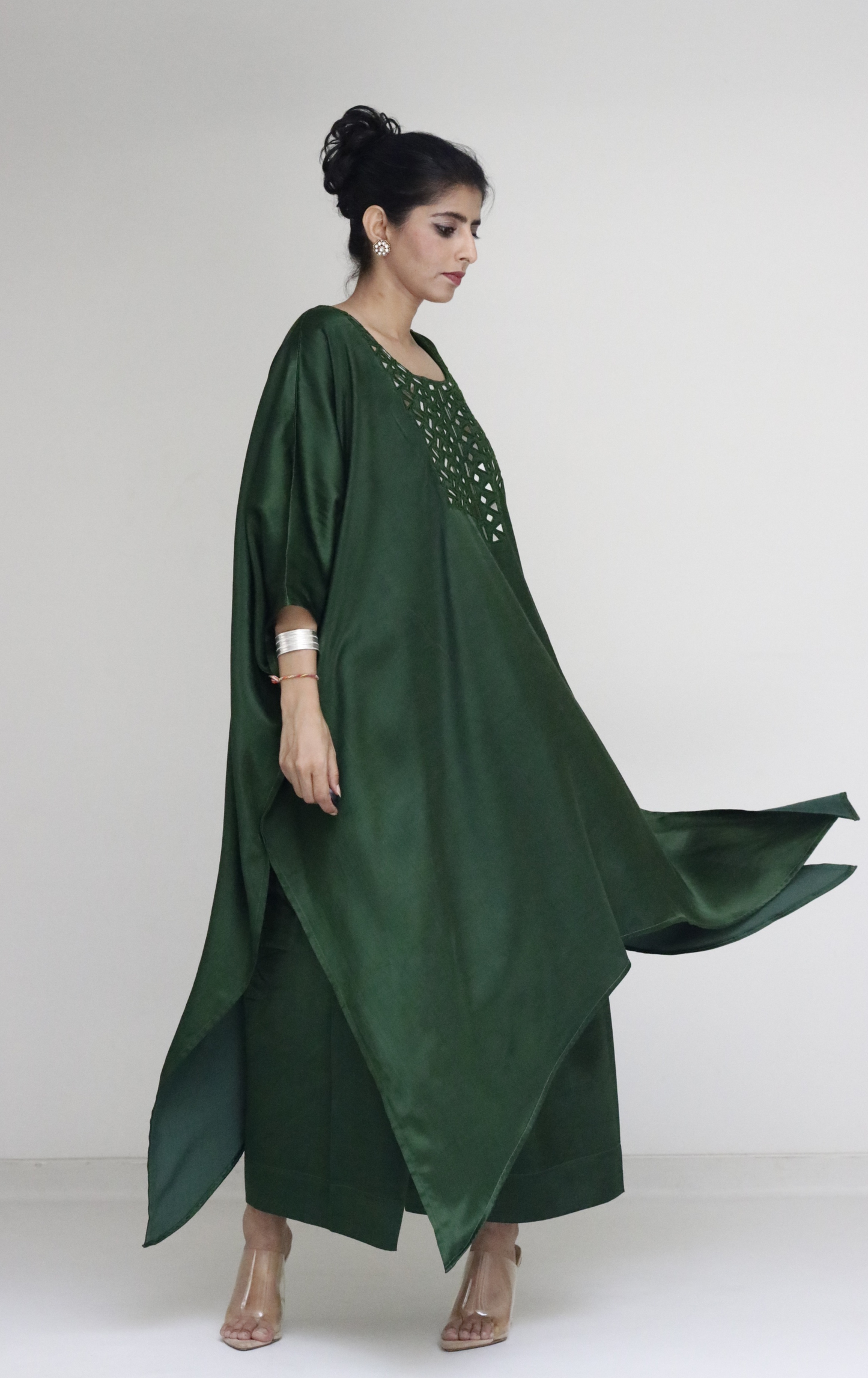 Mashru Mirror Work Co-ord Set in Green 'Bela Baahar' : Buy Palazzo Kaftan Kurta Festive Co-ord Set