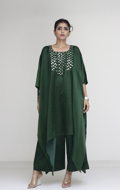 Mashru Mirror Work Co-ord Set in Green 'Bela Baahar' : Buy Palazzo Kaftan Kurta Festive Co-ord Set