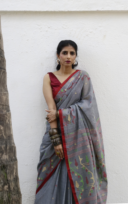 Buy Grey Soft Cotton Jamdani Saree : Grey Needle Jamdani Handmade Saree