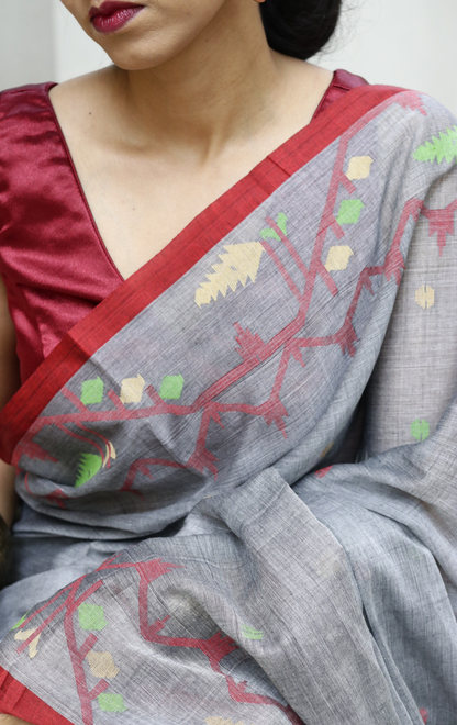 Buy Grey Soft Cotton Jamdani Saree : Grey Needle Jamdani Handmade Saree