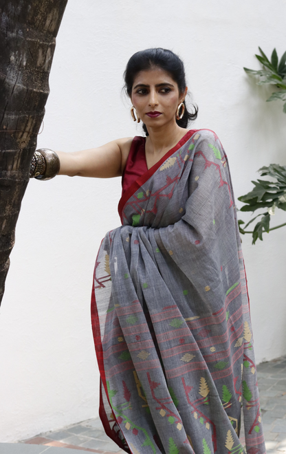 Buy Grey Soft Cotton Jamdani Saree : Grey Needle Jamdani Handmade Saree