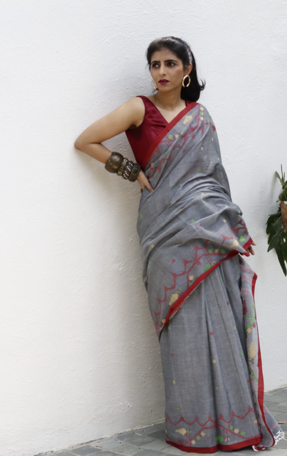 Buy Grey Soft Cotton Jamdani Saree : Grey Needle Jamdani Handmade Saree