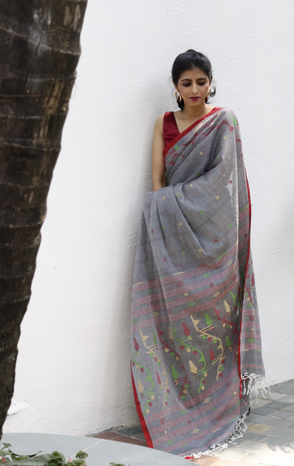 Buy Grey Soft Cotton Jamdani Saree : Grey Needle Jamdani Handmade Saree