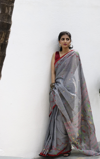 Buy Grey Soft Cotton Jamdani Saree : Grey Needle Jamdani Handmade Saree