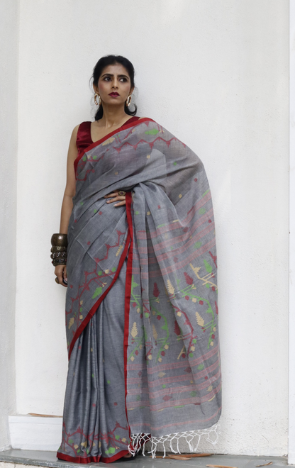 Buy Grey Soft Cotton Jamdani Saree : Grey Needle Jamdani Handmade Saree