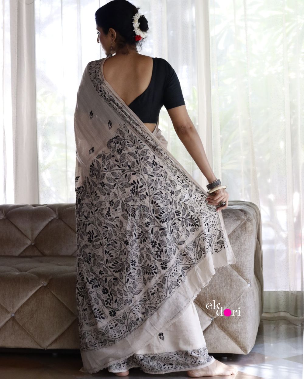 Black Kantha Rose Pure Silk Saree - Shop Exclusive Kantha Sarees in Kolkata  | Kantha by Farah Khan