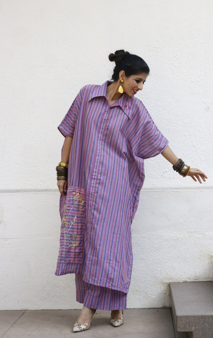 'Dragonflies In Lavender Fields' Fun Embroidered Cotton Co-ord Set : Buy Palazzo Pant Kurta Cotton Co-ord Set