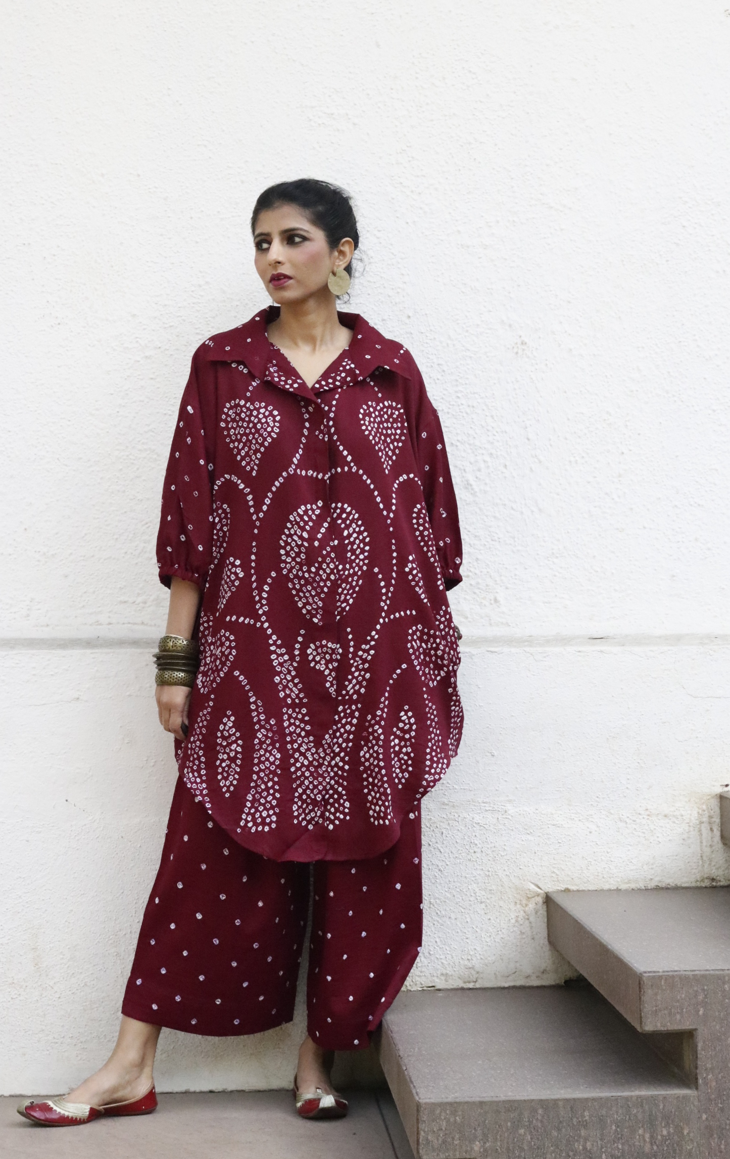 Bandhani Maroon Cotton Co-ord Set : Buy Palazzo Pant Kurta Cotton Co-ord Set