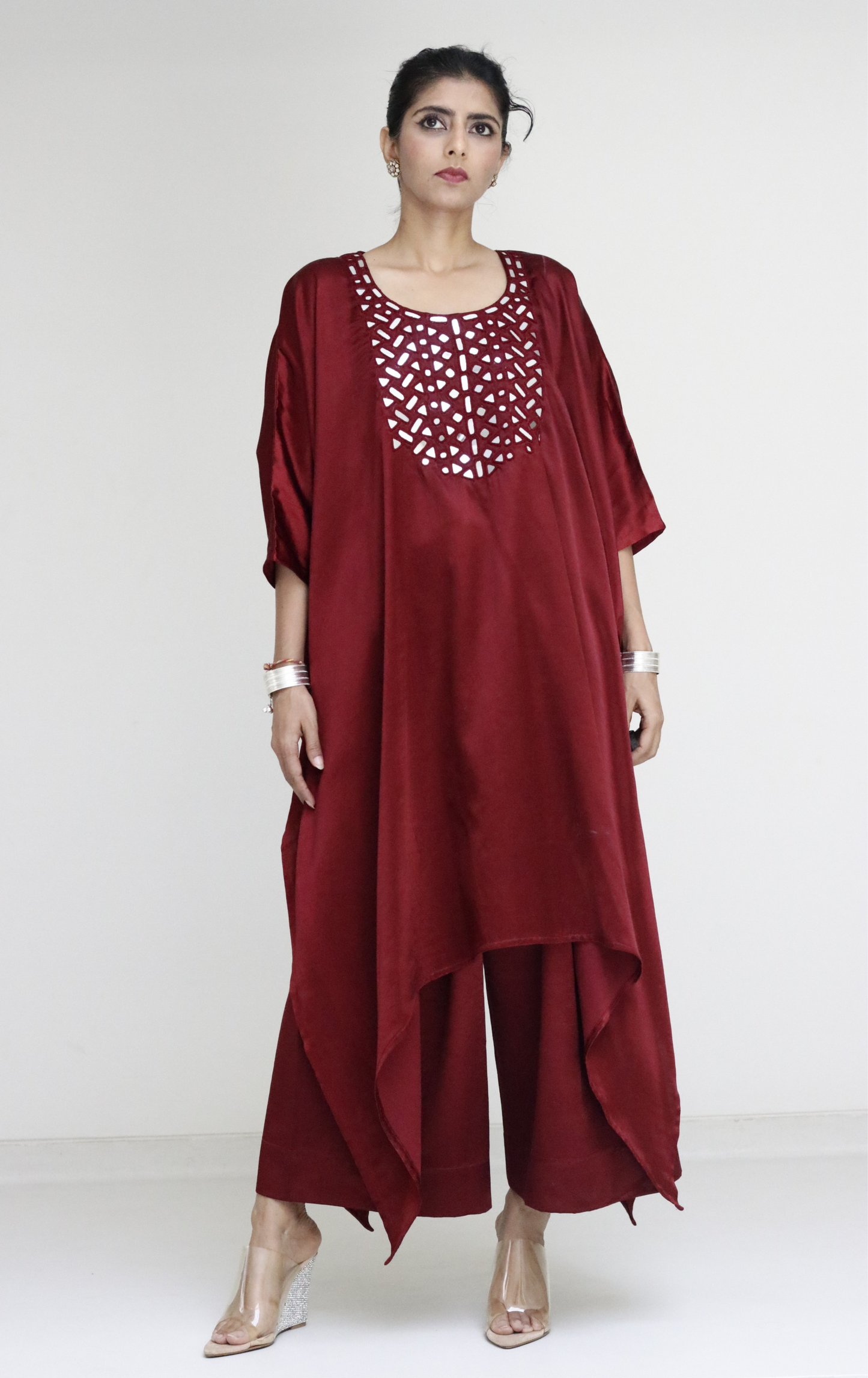 Mashru Mirror Work Co-ord Set in Maroon : Buy Palazzo Kaftan Kurta Festive Co-ord Set