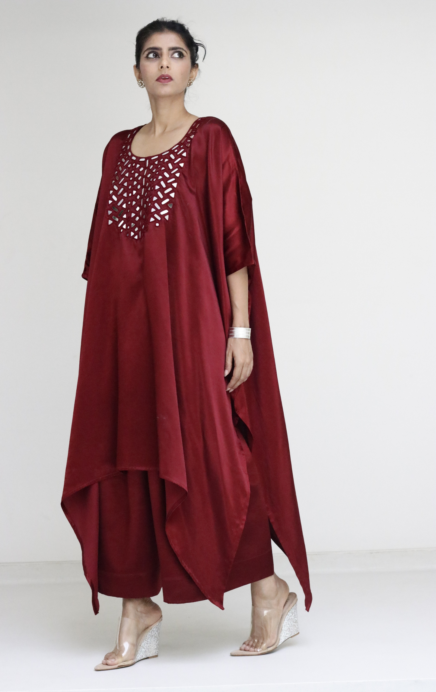 Mashru Mirror Work Co-ord Set in Maroon : Buy Palazzo Kaftan Kurta Festive Co-ord Set