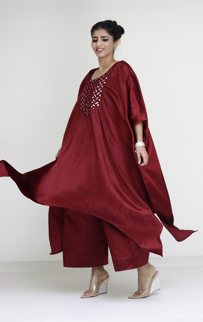 Mashru Mirror Work Co-ord Set in Maroon : Buy Palazzo Kaftan Kurta Festive Co-ord Set