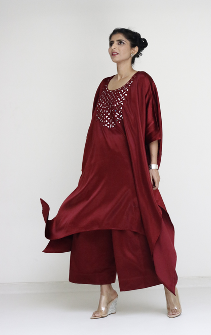 Mashru Mirror Work Co-ord Set in Maroon : Buy Palazzo Kaftan Kurta Festive Co-ord Set