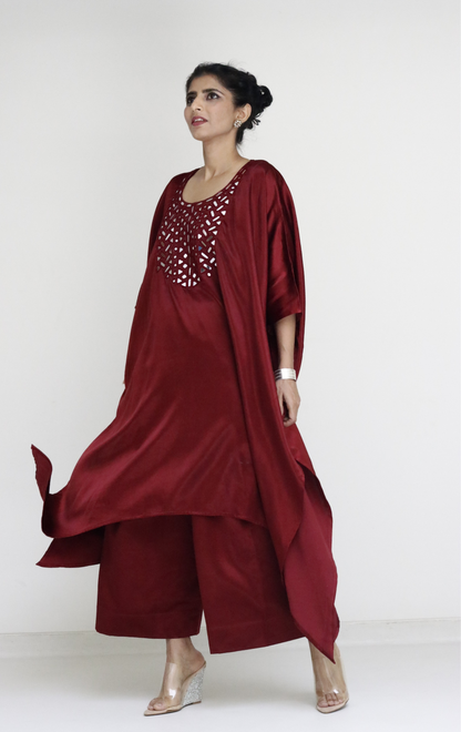 Mashru Mirror Work Co-ord Set in Maroon : Buy Palazzo Kaftan Kurta Festive Co-ord Set