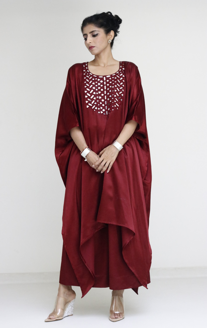 Mashru Mirror Work Co-ord Set in Maroon : Buy Palazzo Kaftan Kurta Festive Co-ord Set