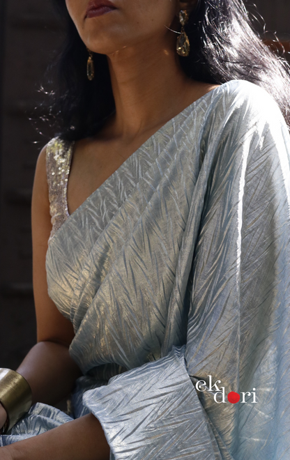 Gold &amp; Blue Saree : Micro Pleated Designer Saree : Metallic Cocktail Saree