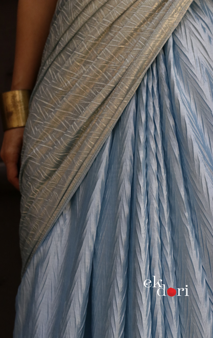 Gold &amp; Blue Saree : Micro Pleated Designer Saree : Metallic Cocktail Saree