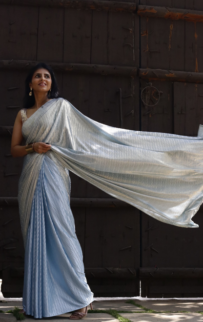 Gold &amp; Blue Saree : Micro Pleated Designer Saree : Metallic Cocktail Saree