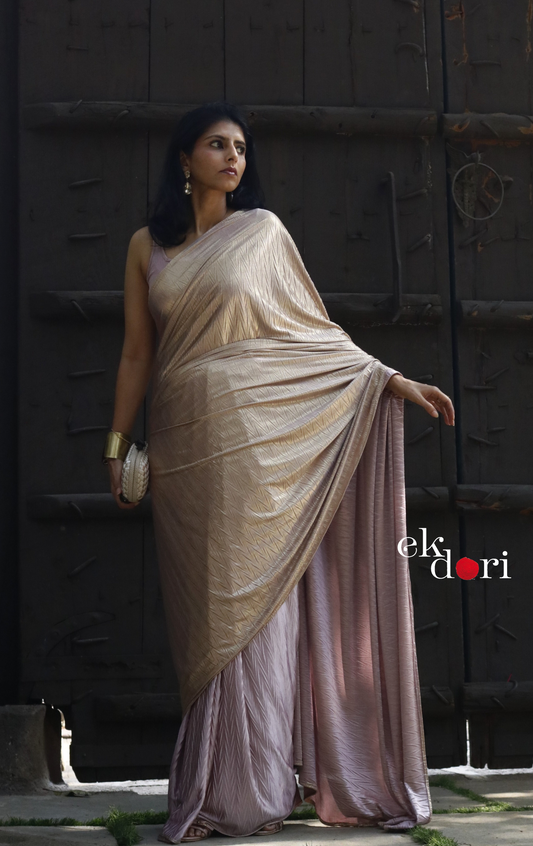 Gold & Mauve Saree : Micro Pleated Designer Saree : Metallic Cocktail Saree