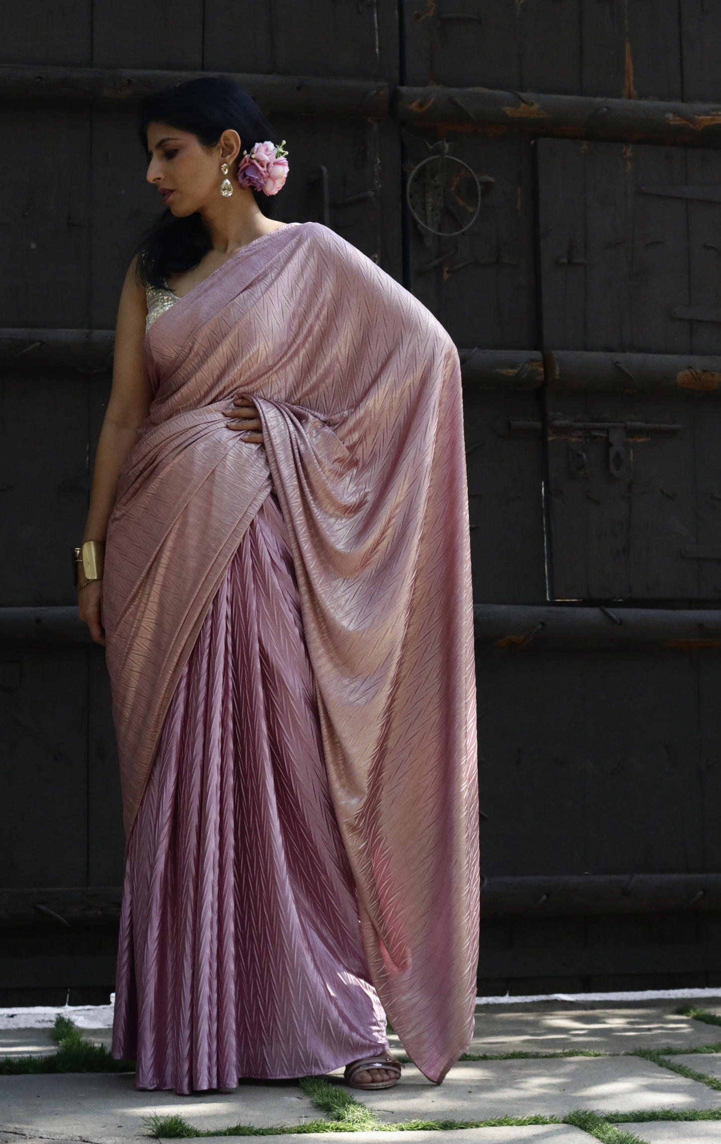 Gold & Pink Saree : Micro Pleated Designer Saree : Metallic Cocktail Saree