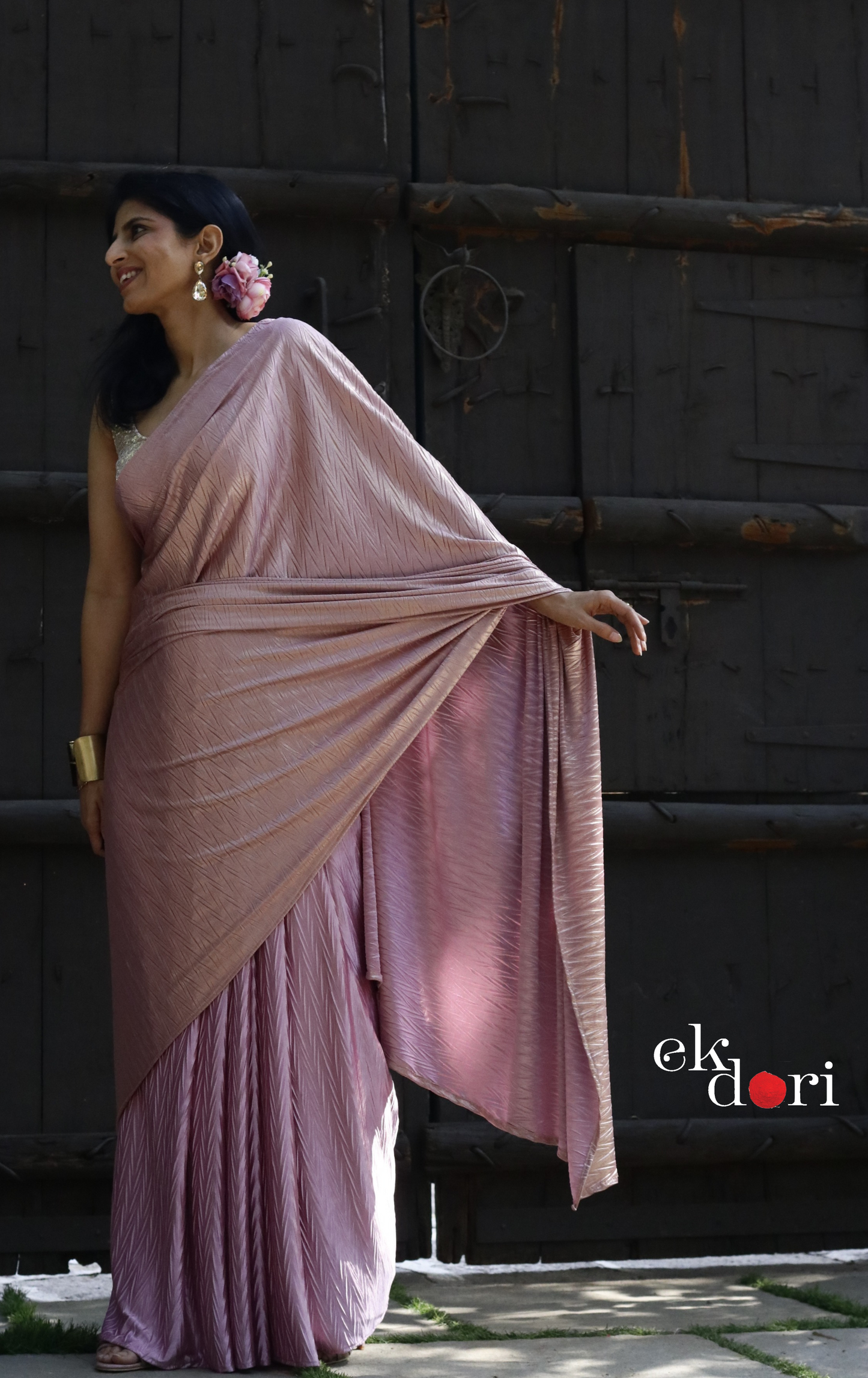 Gold & Pink Saree : Micro Pleated Designer Saree : Metallic Cocktail Saree