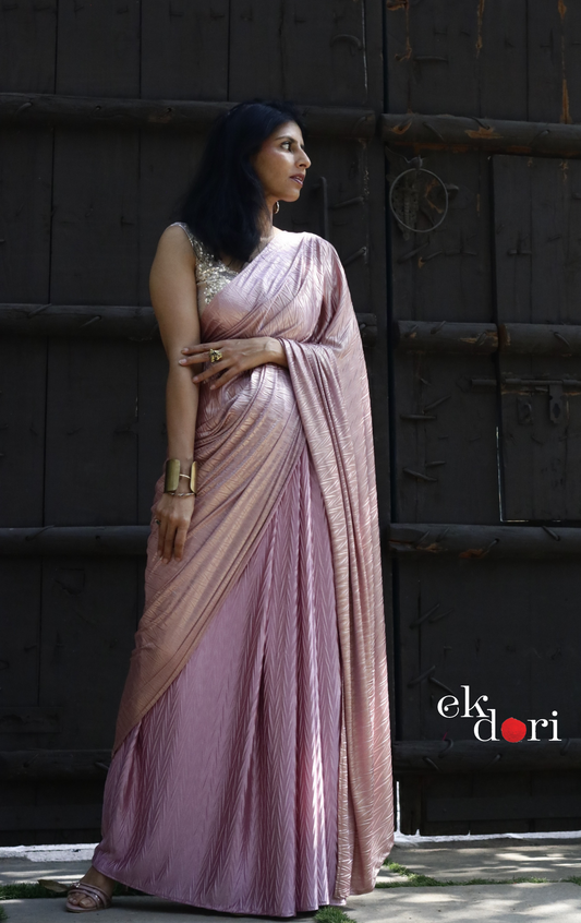 Gold & Pink Saree : Micro Pleated Designer Saree : Metallic Cocktail Saree