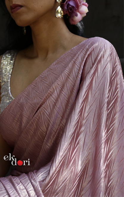 Gold & Pink Saree : Micro Pleated Designer Saree : Metallic Cocktail Saree