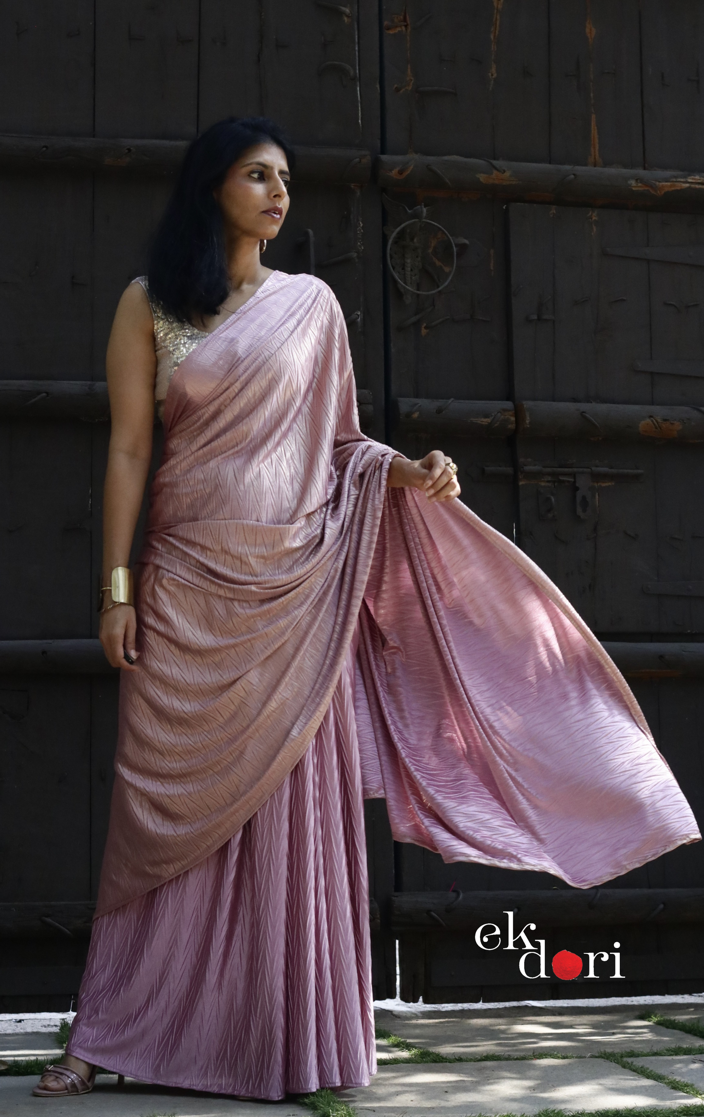 Gold & Pink Saree : Micro Pleated Designer Saree : Metallic Cocktail Saree