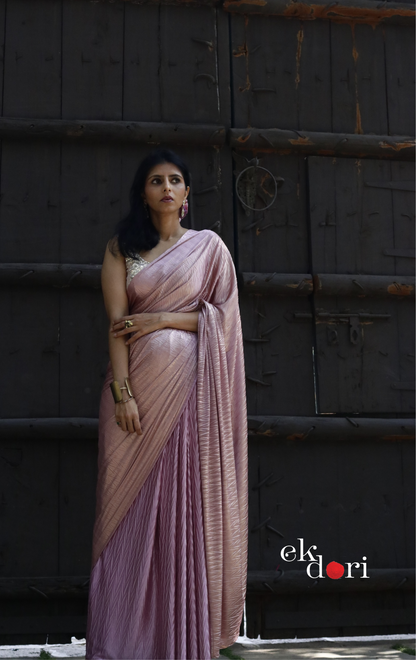 Gold & Pink Saree : Micro Pleated Designer Saree : Metallic Cocktail Saree