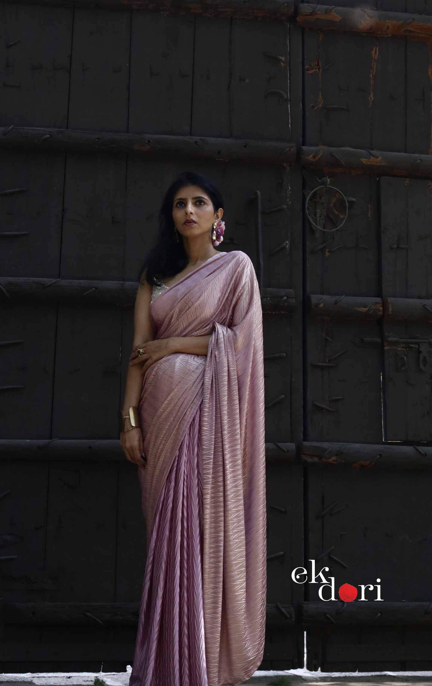 Gold & Pink Saree : Micro Pleated Designer Saree : Metallic Cocktail Saree