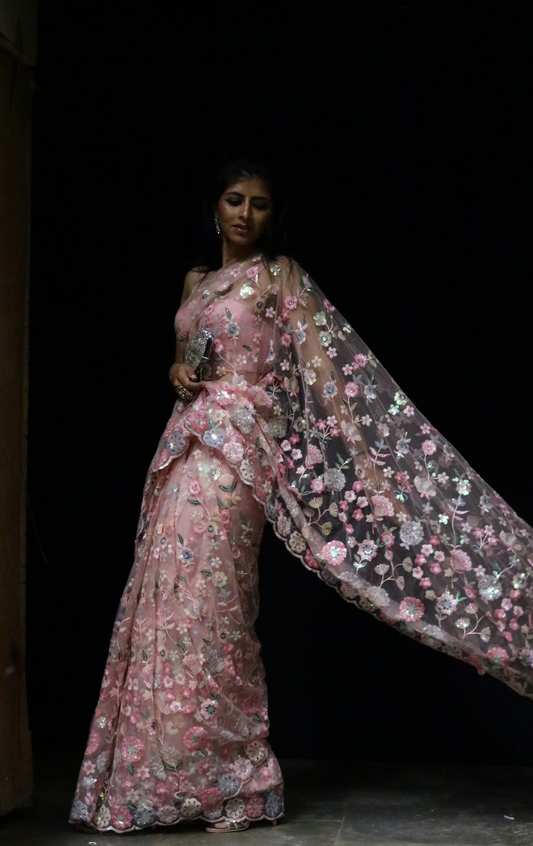 'Peach Perfection' Floral Sequin Saree : Sequin Net Cocktail Saree : Sequin Bollywood Saree