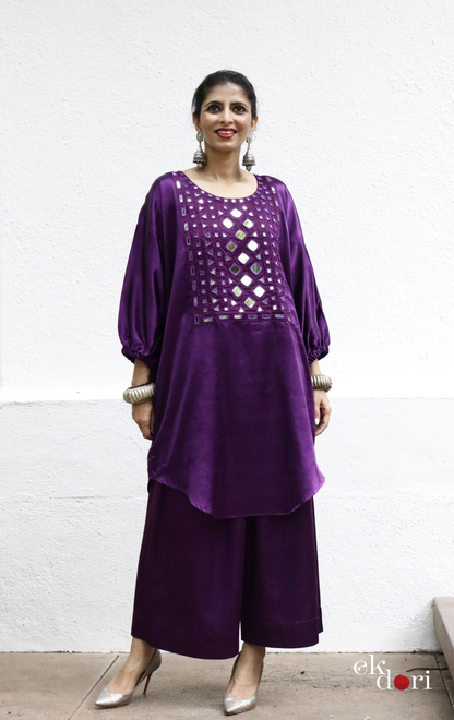 'Deep Purple' Mashru Mirror Work Co-ord Set in Purple : Buy Palazzo Kurta Festive Co-ord Set