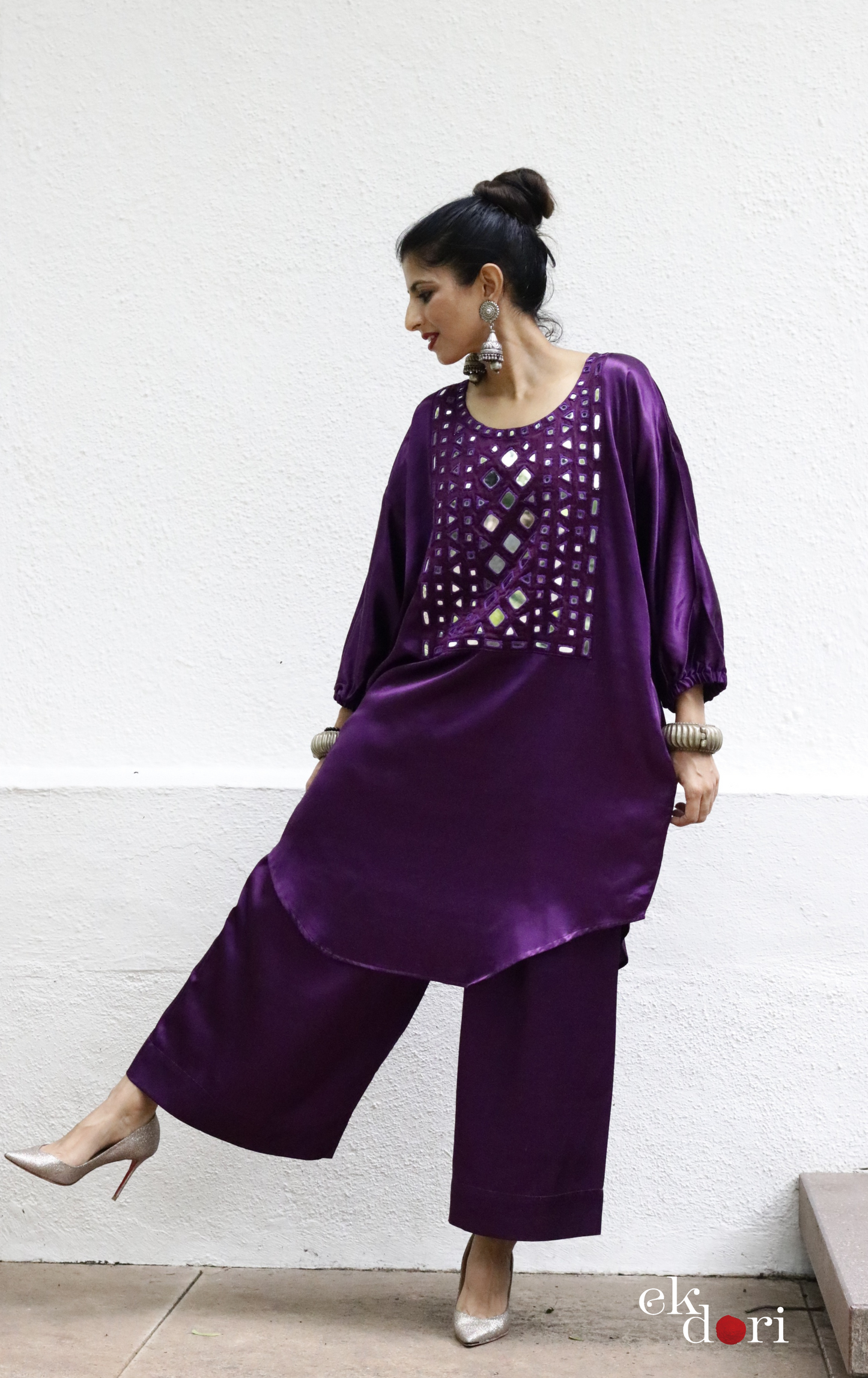 'Deep Purple' Mashru Mirror Work Co-ord Set in Purple : Buy Palazzo Kurta Festive Co-ord Set