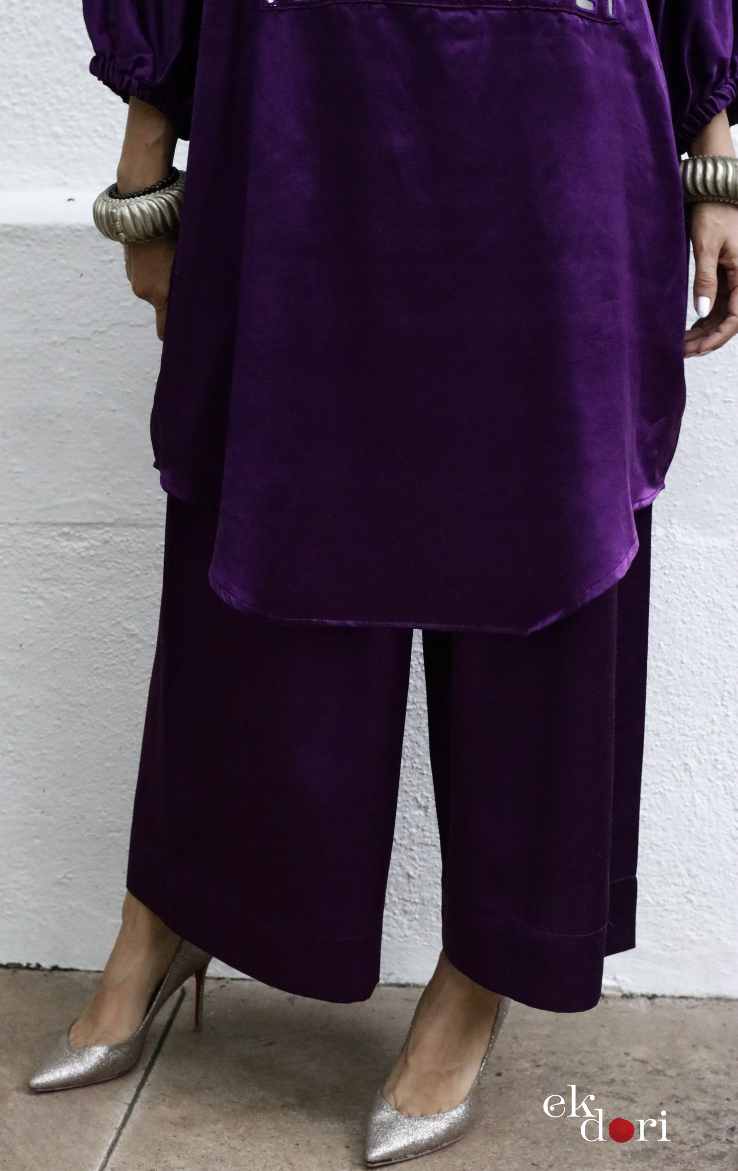 'Deep Purple' Mashru Mirror Work Co-ord Set in Purple : Buy Palazzo Kurta Festive Co-ord Set