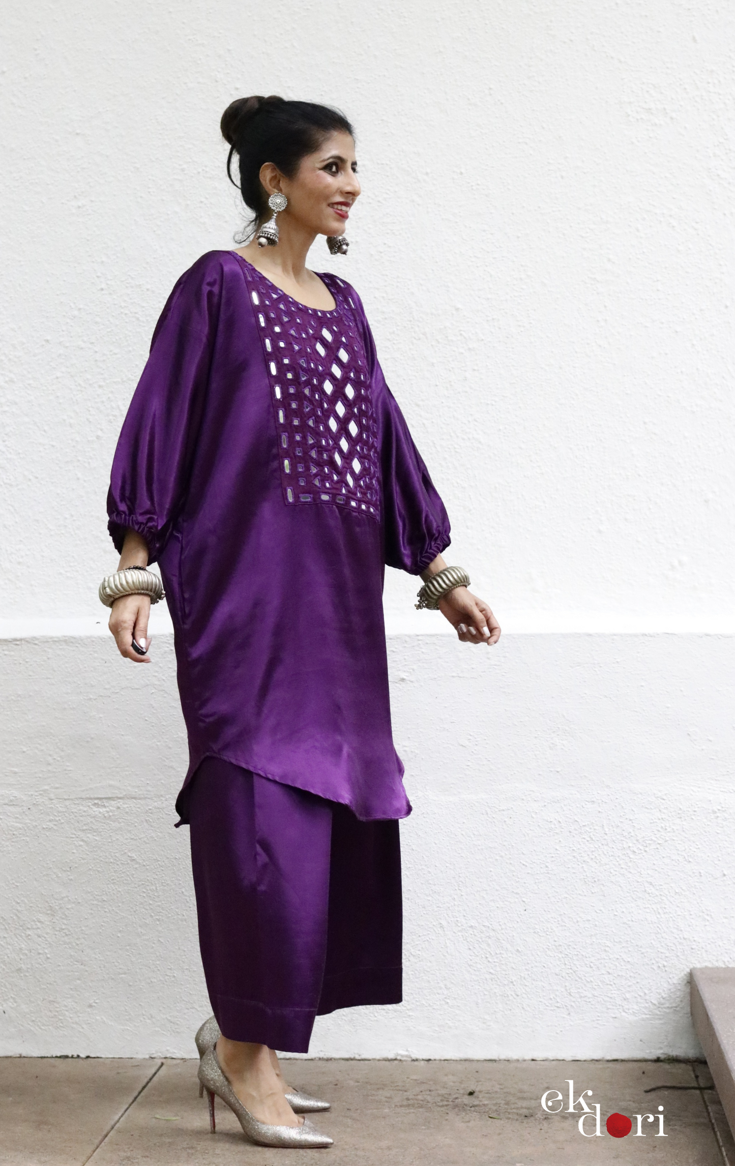 'Deep Purple' Mashru Mirror Work Co-ord Set in Purple : Buy Palazzo Kurta Festive Co-ord Set