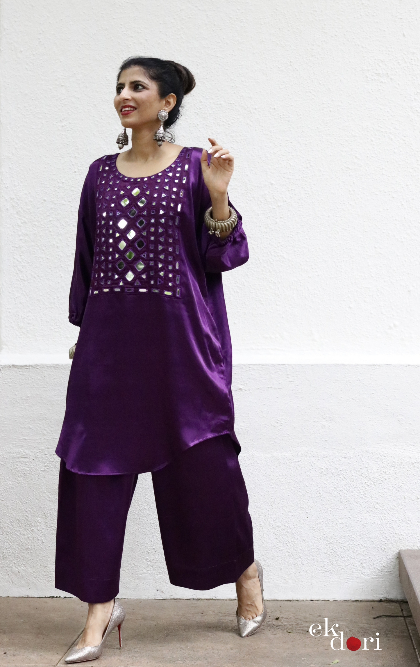 'Deep Purple' Mashru Mirror Work Co-ord Set in Purple : Buy Palazzo Kurta Festive Co-ord Set