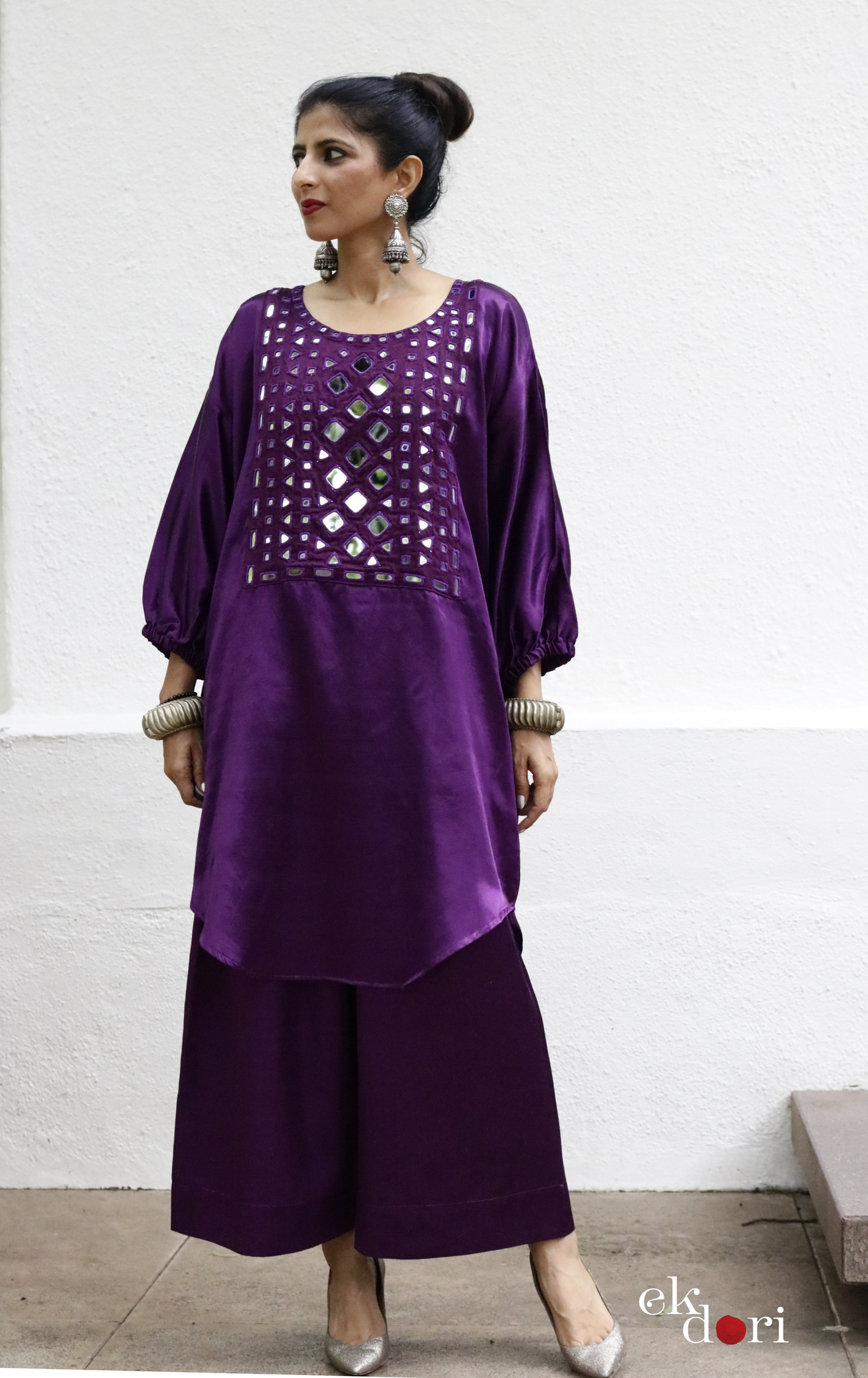 'Deep Purple' Mashru Mirror Work Co-ord Set in Purple : Buy Palazzo Kurta Festive Co-ord Set