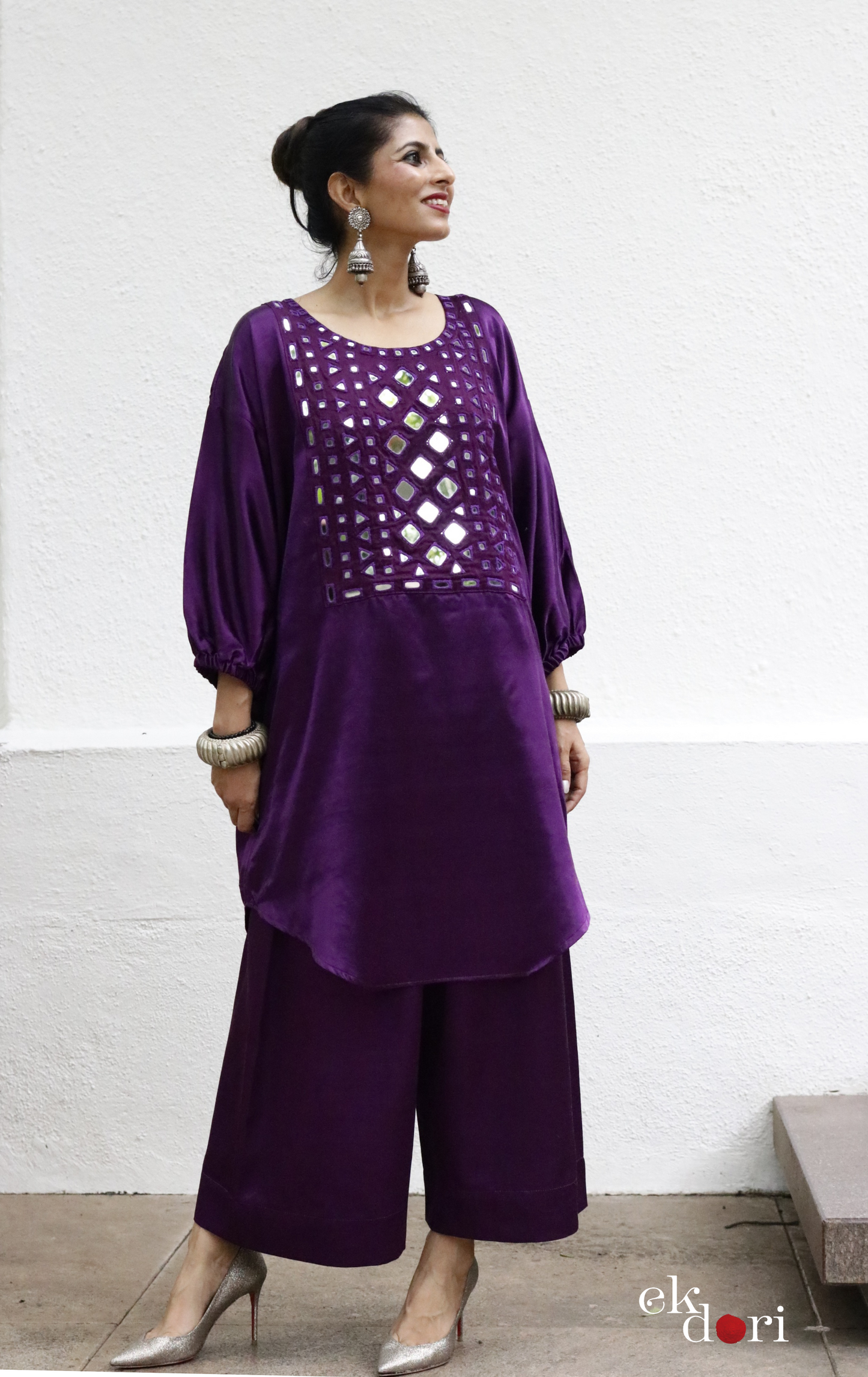 'Deep Purple' Mashru Mirror Work Co-ord Set in Purple : Buy Palazzo Kurta Festive Co-ord Set