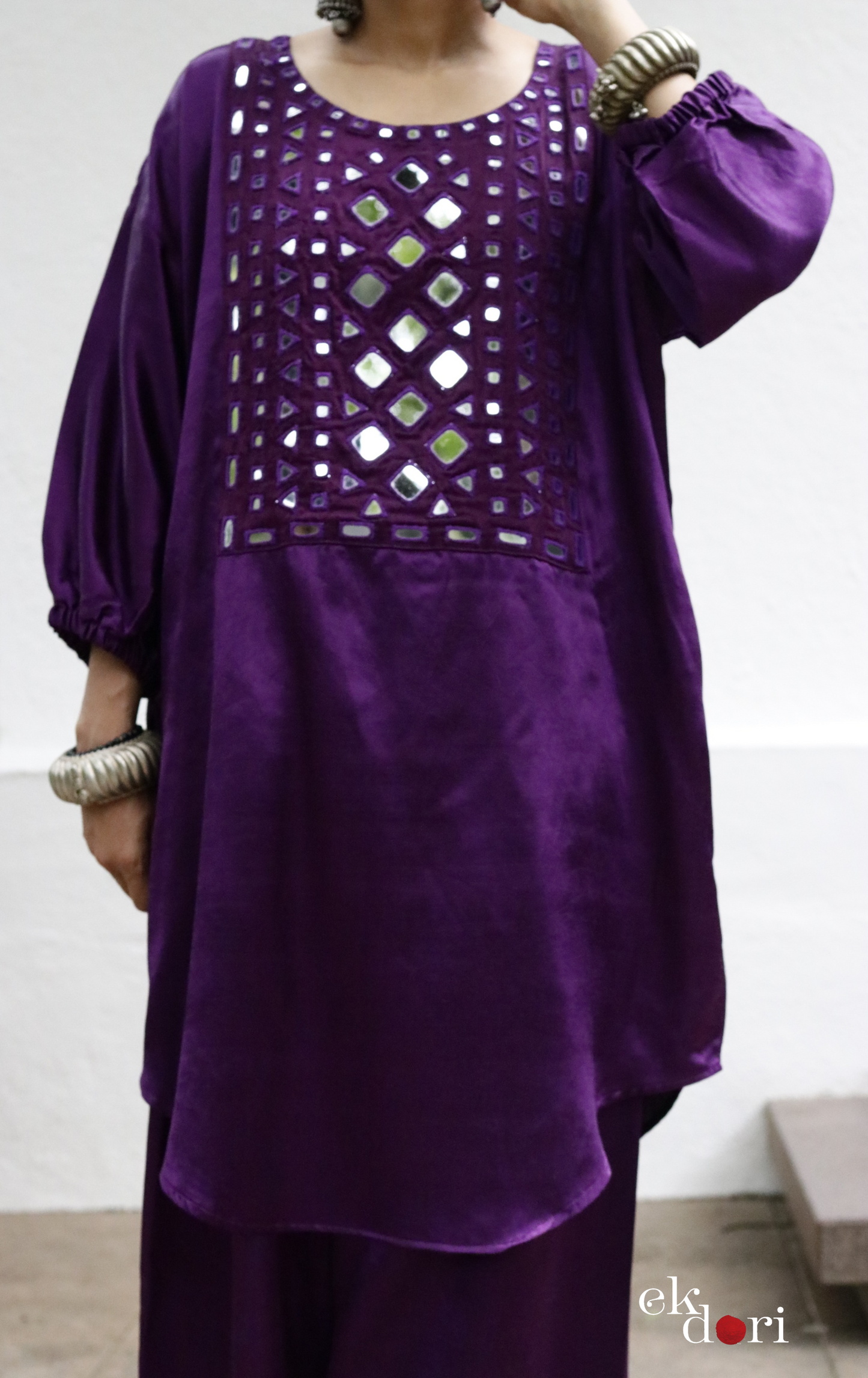 'Deep Purple' Mashru Mirror Work Co-ord Set in Purple : Buy Palazzo Kurta Festive Co-ord Set