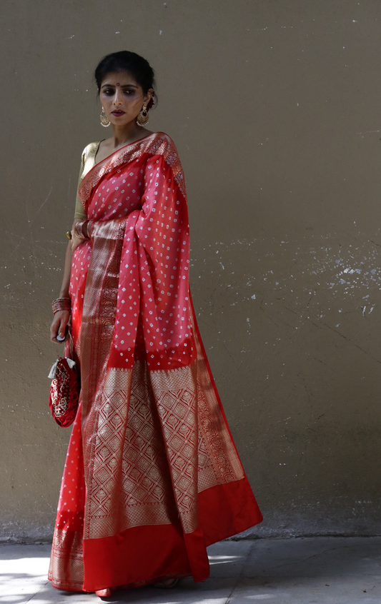 Buy Bandhani Designer Saree Online : Peach Red Bandhani Hand Dyed Saree With Gold Border